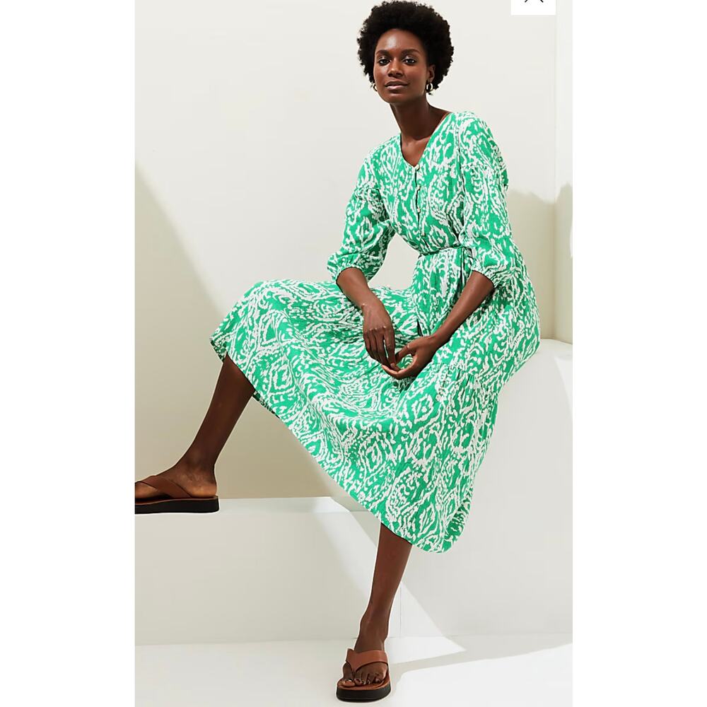 M&S Collection Linen Blend Green Printed V-Neck Midi Dress Sz‎ 12 Boho Cottage